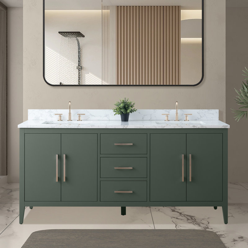 Meuble-lavabo double 72 po avec plateau en marbre, Nickel brossé, Vert rétro