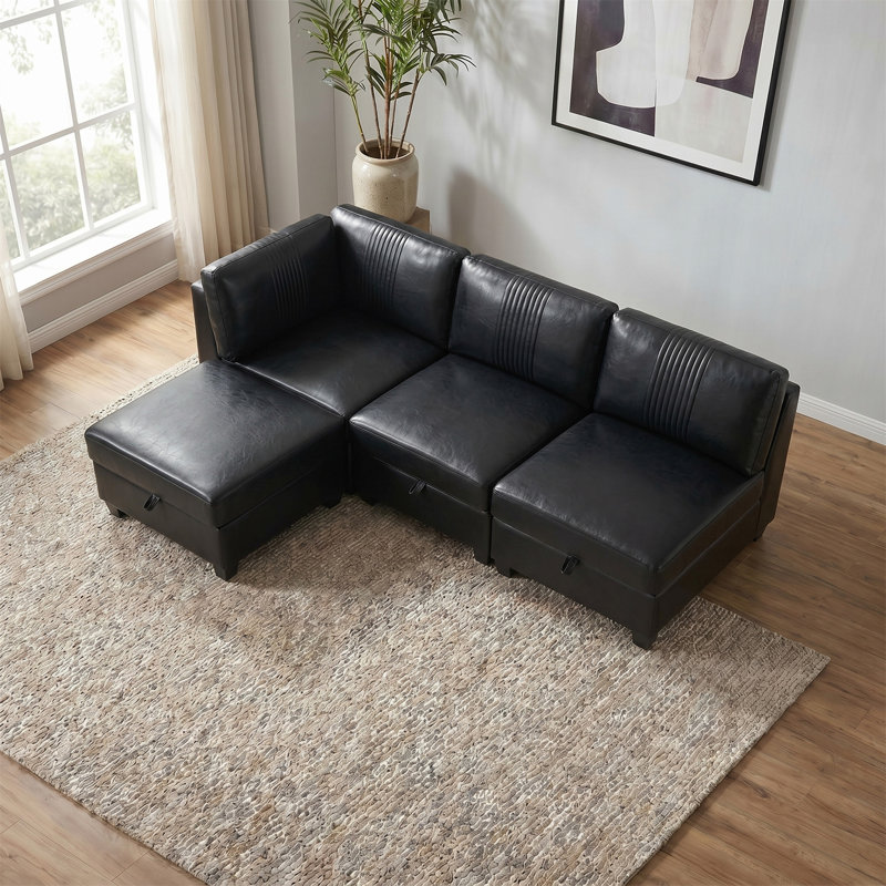 Canapé modulaire flexible en polyuréthane, Black Faux Leather, 35.4" H x 93.3" W x 64.17" D