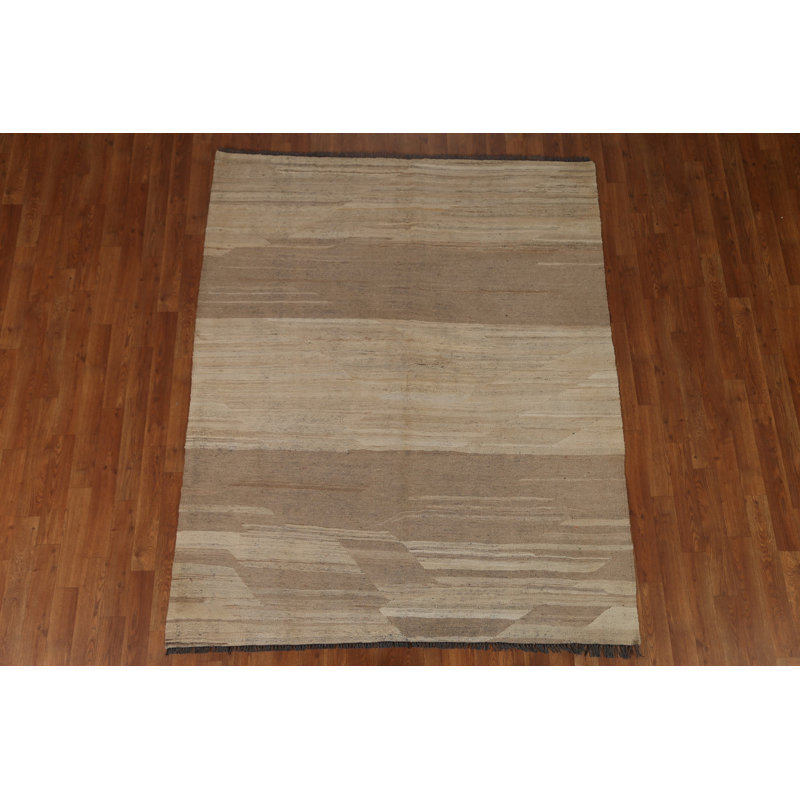 Tapis crème / brun en laine noué à la main de conception unique 5 pi 3 po x 6 pi 5 po New Age