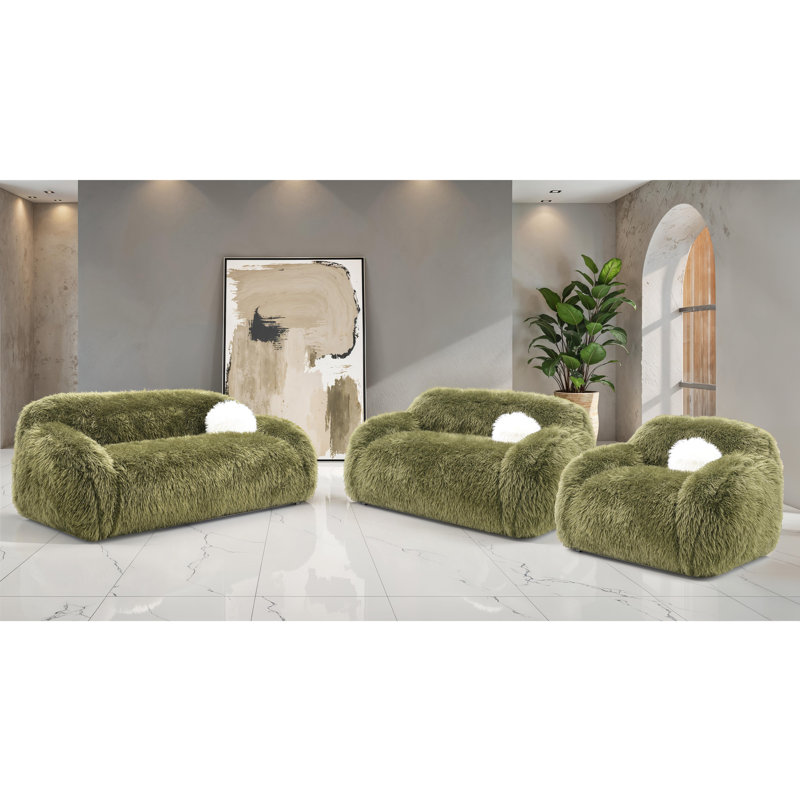 Ensemble de canapé 3 pièces en fausse fourrure Leann avec coussins décoratifs, 3 pièces: canapé, causeuse, fauteuil, Vert