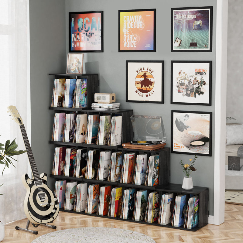 Record Player Stand, 3-compartment Record Holder With Vinyl Storage, Up To 80-100 Albums, Black, Black