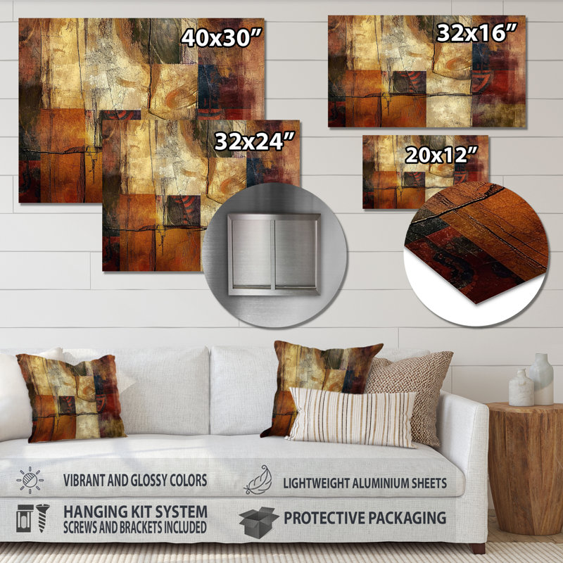Art mural rétro rétro cubiste brun doré I - Collages abstraits, Métal métal, H 12 po x l 20 po