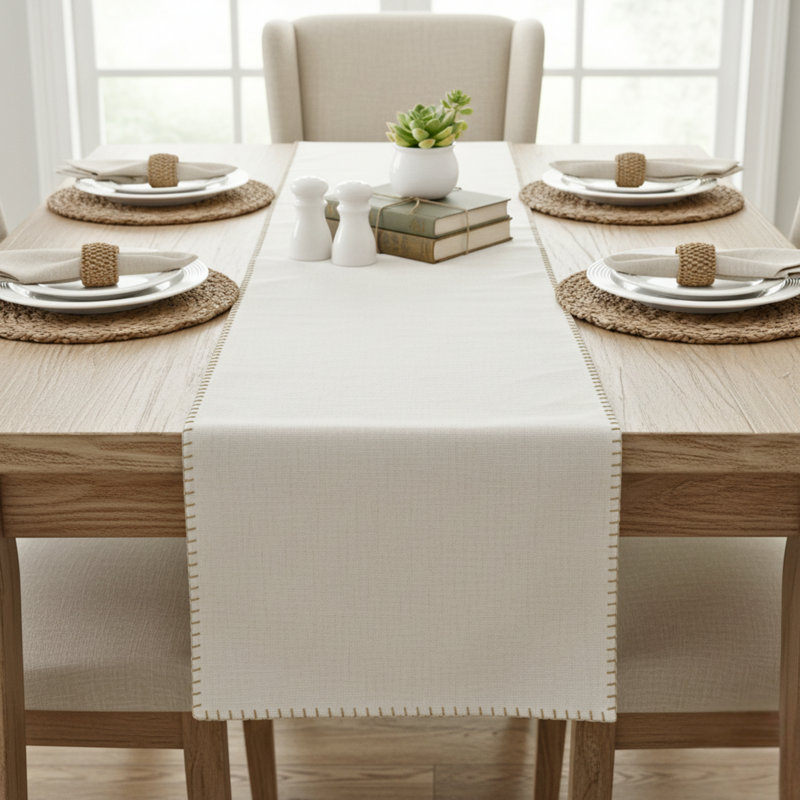 Cotton Table Runner With Decorative Stitched Edges, Dresser Scarf, Furniture Top Cover, 36" L, Beige