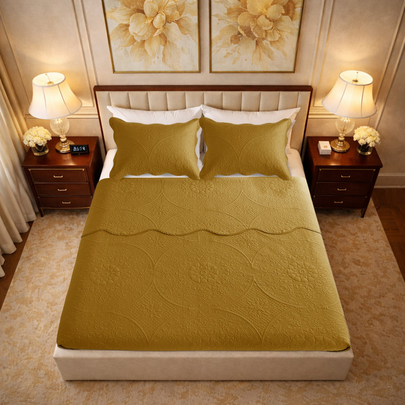 Floral Embossed Microfiber Quilt Set Pre-Washed  Soft Bedspread, King Bedspread + 2 King Pillowcases, Yellow