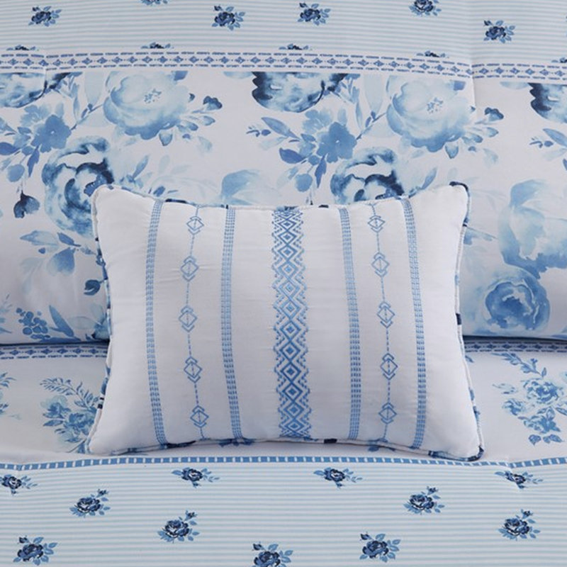 Twin/Twin Xl Comforter With Floral Striped Design, Filling, 2 Shams And Throw Pillows, Bedding Stripes, Fabric