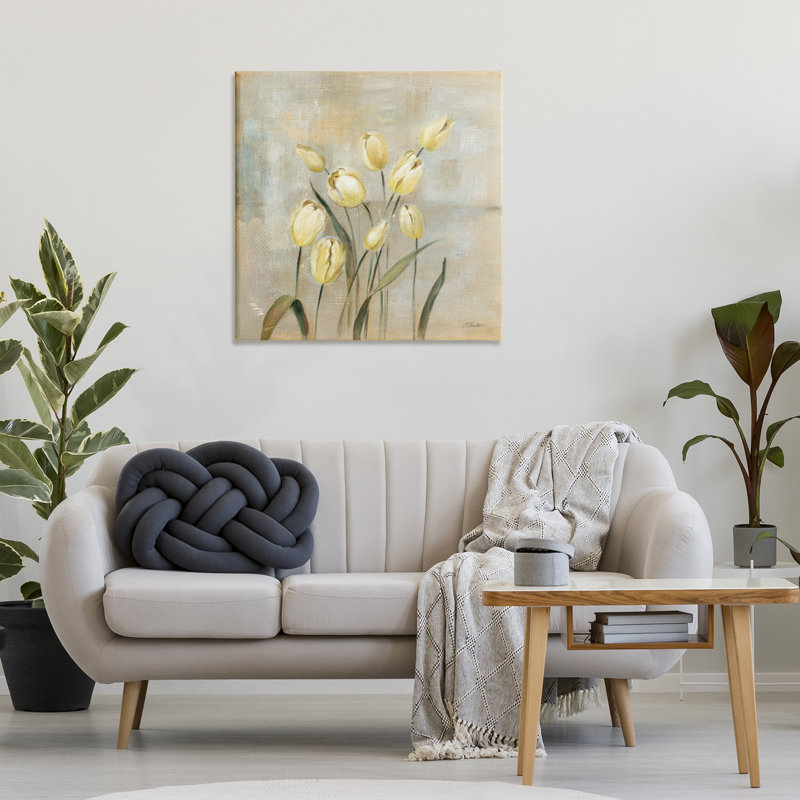 "Tulipes jaunes sur toile beige" par Silvia Vassileva, H 30 po x l 30 po