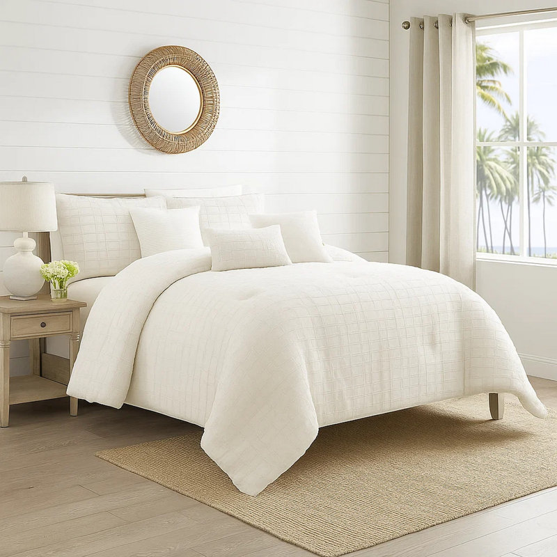  White Cotton Blend 6 Piece Comforter Set, Queen Comforter + 6 Additional Pieces