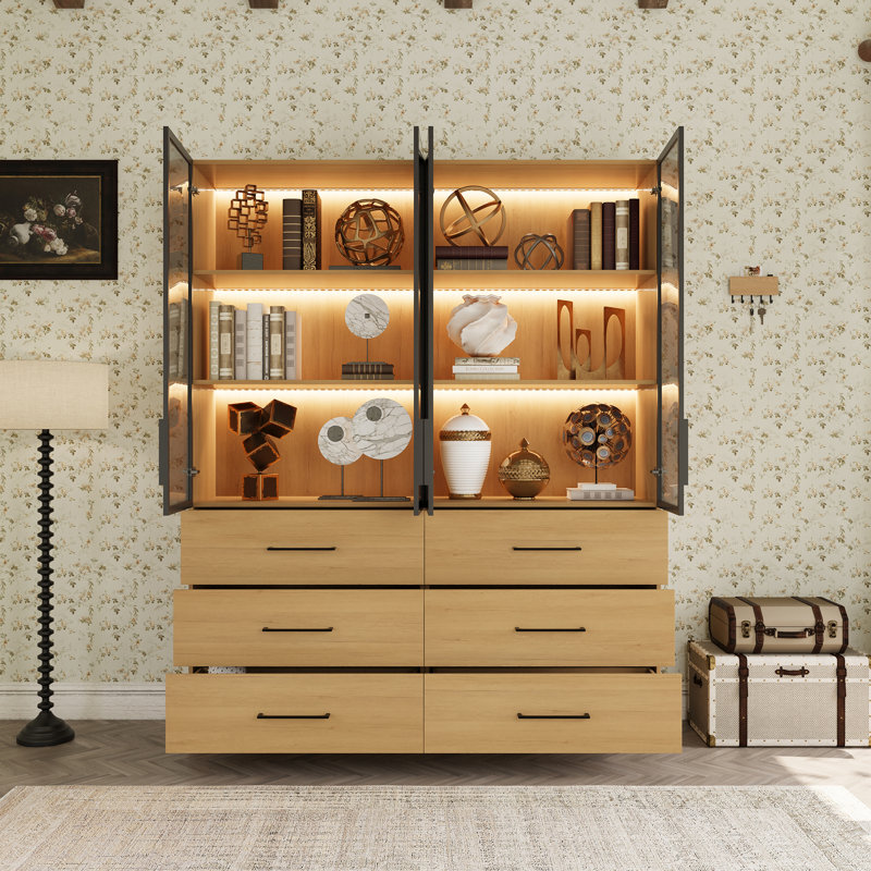79" Oak Bookcase With 6 Drawers, 3-tier Storage Cabinet With App Control Led Lights