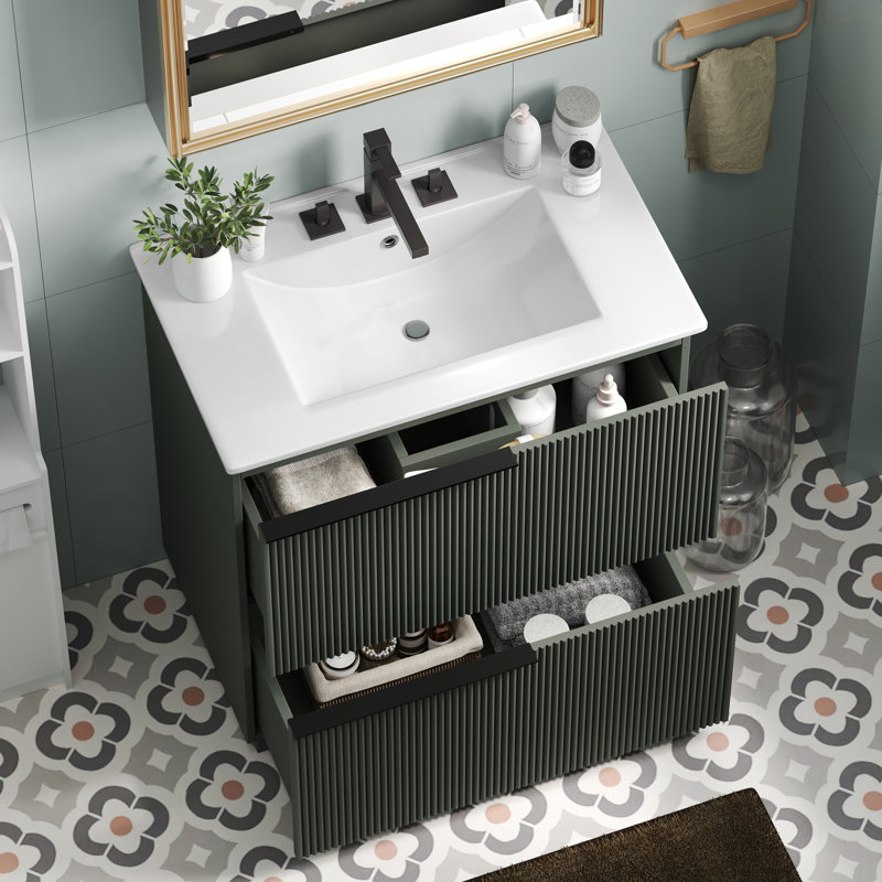 Meuble-lavabo de salle de bain avec lavabo en céramique et tiroirs pleine extension, Vert