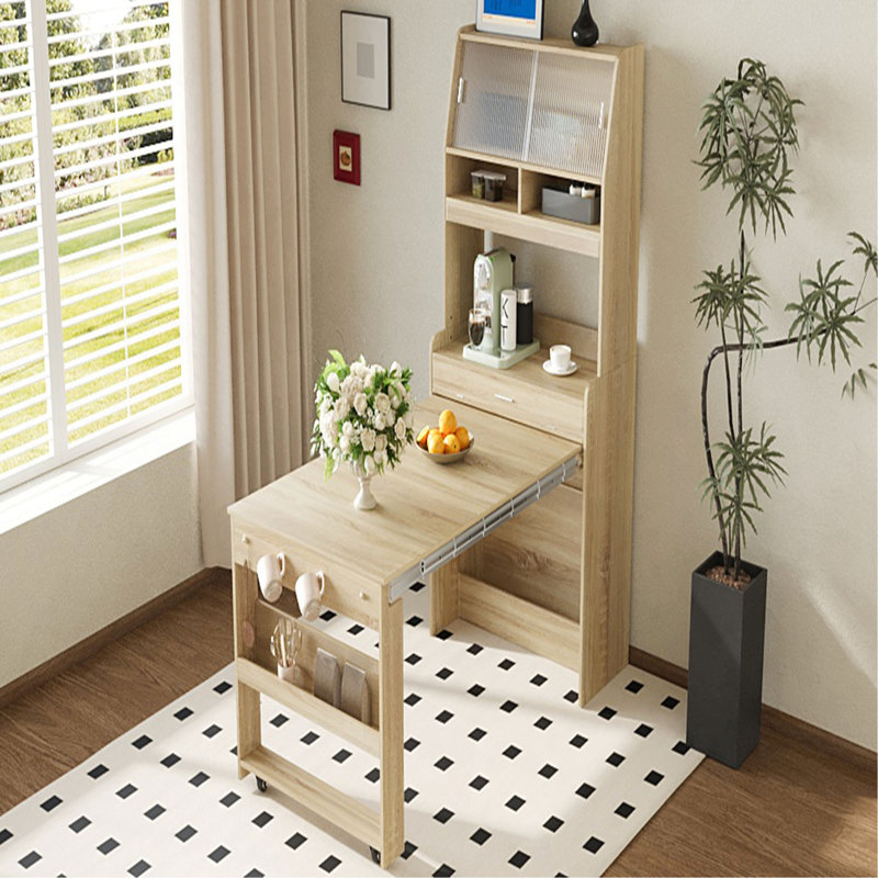 Buffet compact 33,5 x 15,7 x 69 pouces avec huche et table de salle à manger pliable, armoire multifonctionnelle avec tablette de rangement et crochets latéraux pour petits espaces, studio, appartement