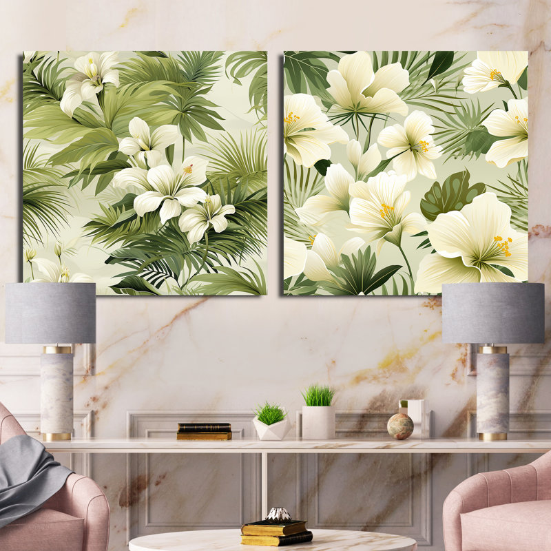 Ensemble de 2 collages carrés à motif tropical Tranquil Oasis, H 36 po x l 73 po, Toile tendue