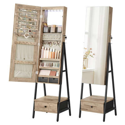 Jewelry Armoire With Mirror And Bottom Drawer For Women - Large Storage, Built-In Mirror Lights, Extra Storage Outside - Ideal For Face Makeup - 14.6''D X 16.3''W X 61.8''H