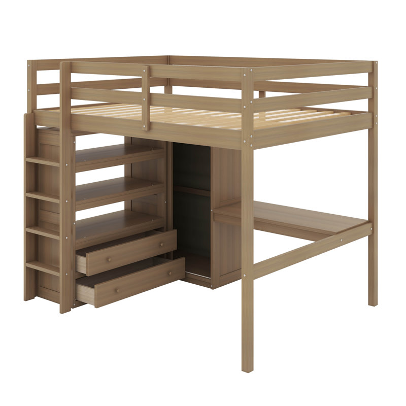Lit mezzanine double avec bureau, tablettes et tiroirs, Noyer