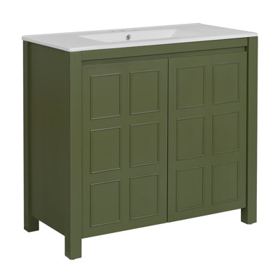 Organisateur de meuble-lavabo vert olive 36 "avec lavabo en céramique, armoire de rangement élégante