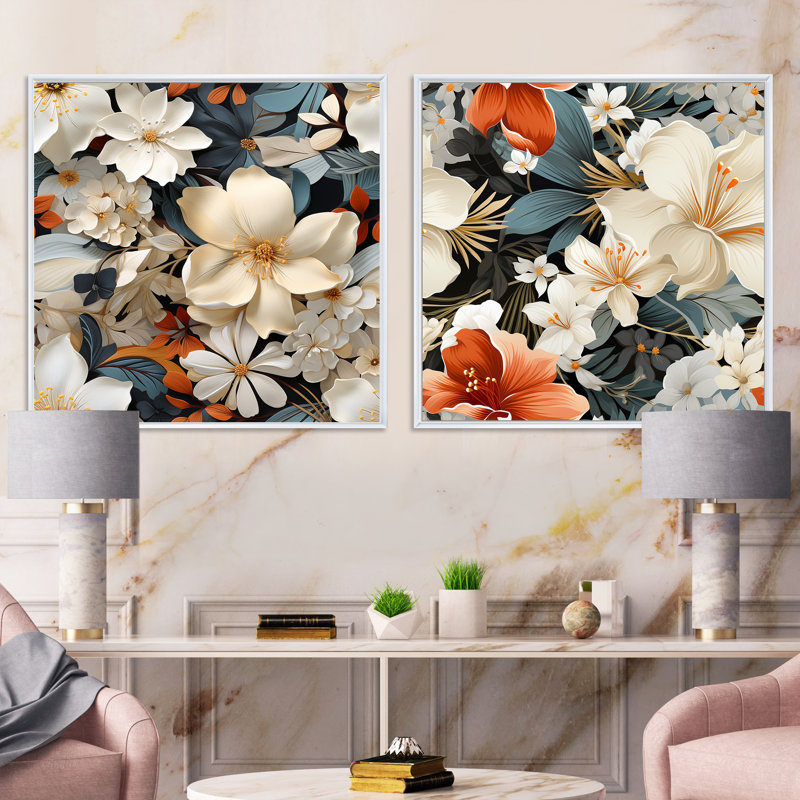 Paradis floral blanc et doré - ensemble de 2 collages floraux carrés, Cadre flottant blanc, H 36 po x l 73 po