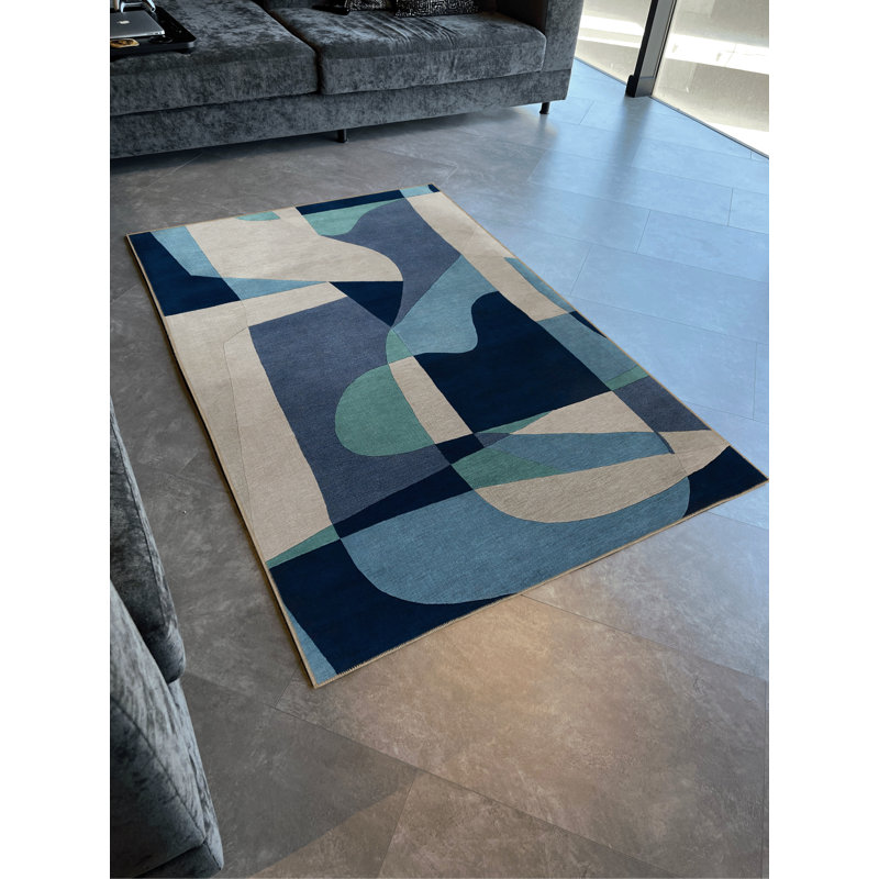 Tapis décoratif moderne à motif géométrique bleu à motif géométrique, Rectangle 4 pi 11,06 po x 7 pi 6,55 po