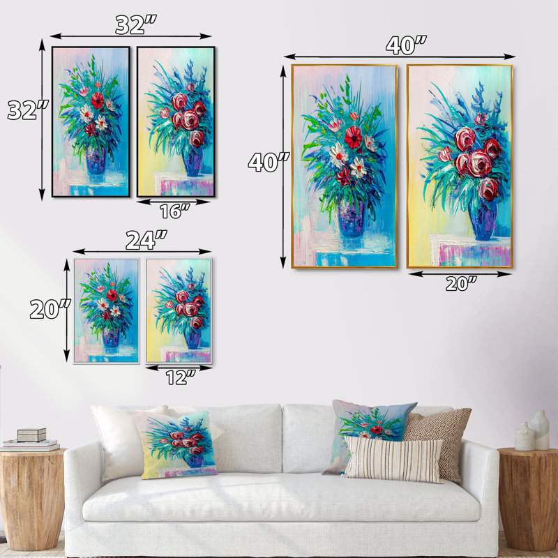 «Multi and Green Vase of Flowers», ensemble de 2 peintures sur toiles, H 20 po x l 24 po x P 1 po, Cadre flottant noir