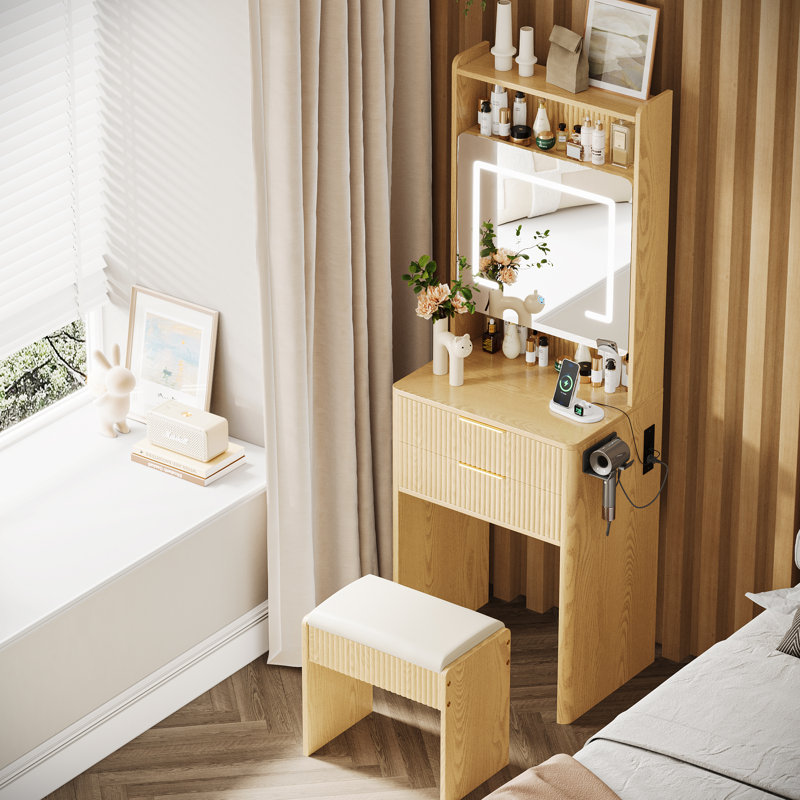 21" Makeup Vanity, With Two Sockets And Usb Port, A Large Mirror And Three Lighting Settings, Yellow