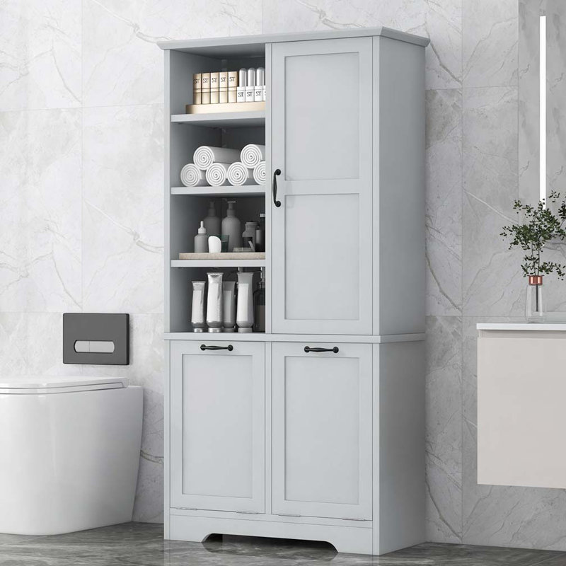 Armoire de rangement de salle de bain avec portes et tiroirs, panier à linge inclinable, plusieurs espaces de rangement, Gris