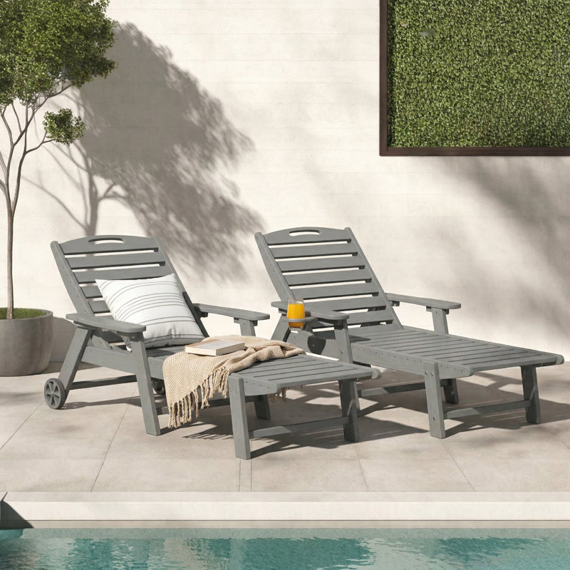 Outdoor Wood Texture Pool Reclining Lounge Chaise  With Wheels & Cup Holder (Set of 2), Gray