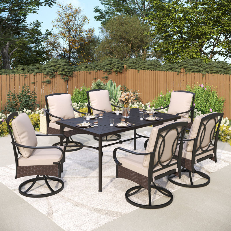 Ensemble repas d'extérieur rectangulaire pour 6 personnes avec 6 chaises pivotantes et coussins Alyah