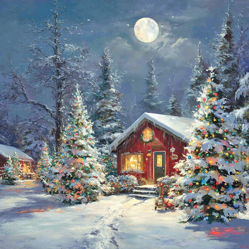 «Cabin Lights in Winter», art mural sur toile tendue, H 40 po x l 40 po
