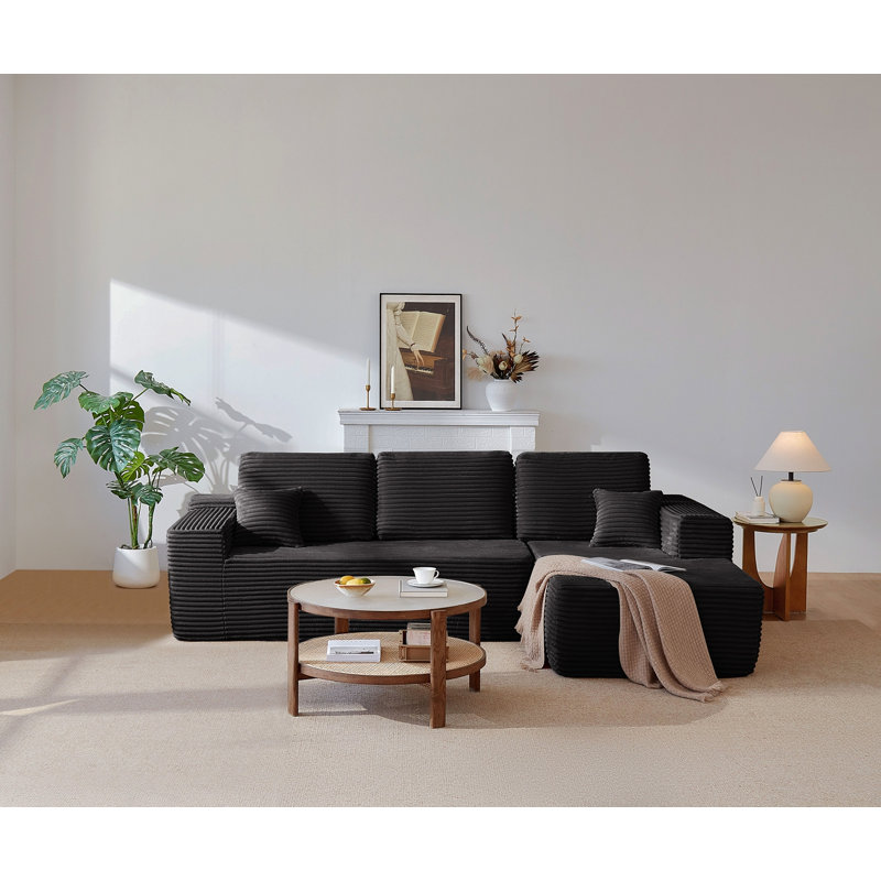 Canapé modulaire de 104 po avec méridienne en forme de L et poches latérales, conception modulaire moderne, assise profonde, canapé rembourré pour le salon / chambre à coucher, sans assemblage requis (tissu moelleux), noir, droite