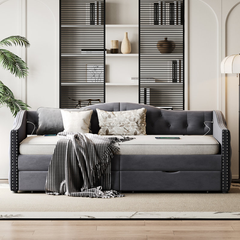 Grey Upholstered Daybed With Drawers - Twin Size, No Box Spring, Crafted From Wood Stylish Arms Size Velvet Upholstery And Storage Frame Stable Slats Elegant Design
