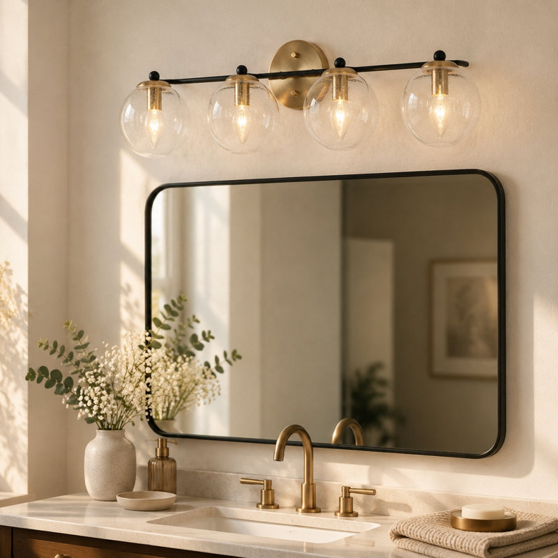 Mansurah 3-Light Dimmable Globe Vanity Light  with Seeded Glass, 4, Brass/Black