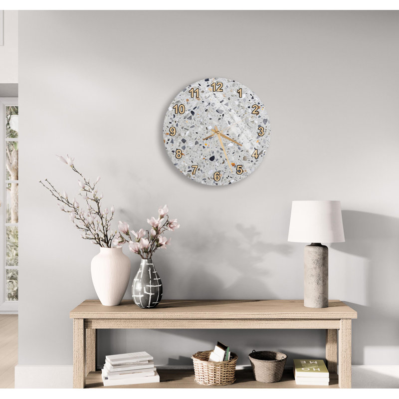 Horloge murale Terrazzo, motif de pierre moderne, montre ronde en verre trempé, décor de béton industriel gris, art mural de cuisine minimaliste