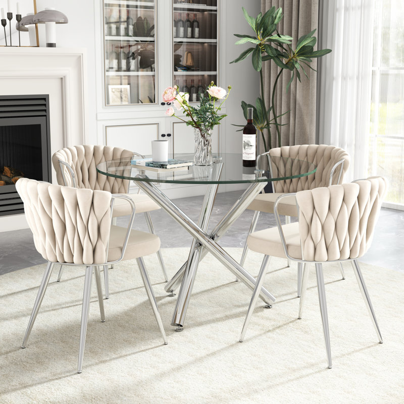 Elegant Round Glass Dining Table Set, Beige,  3 Pieces: Table, 2 Chairs, Silver