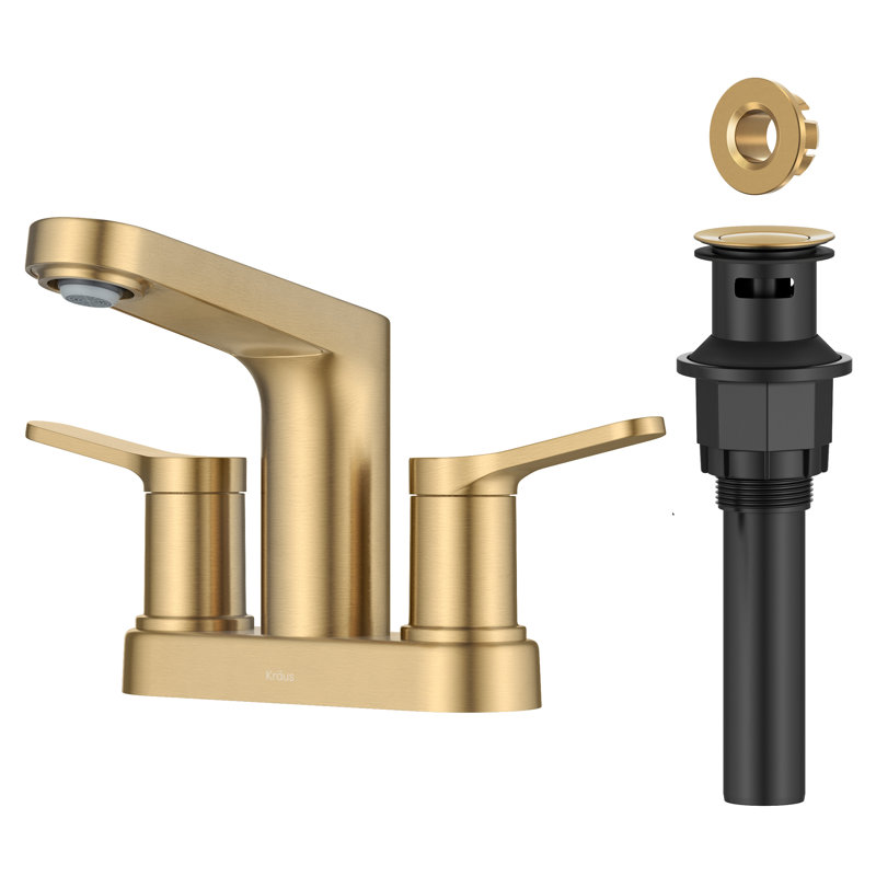 KRAUS Indy Centerset Bathroom Faucet With 2 Handles, Pop Up Drain And Supply Lines, Brushed Brass