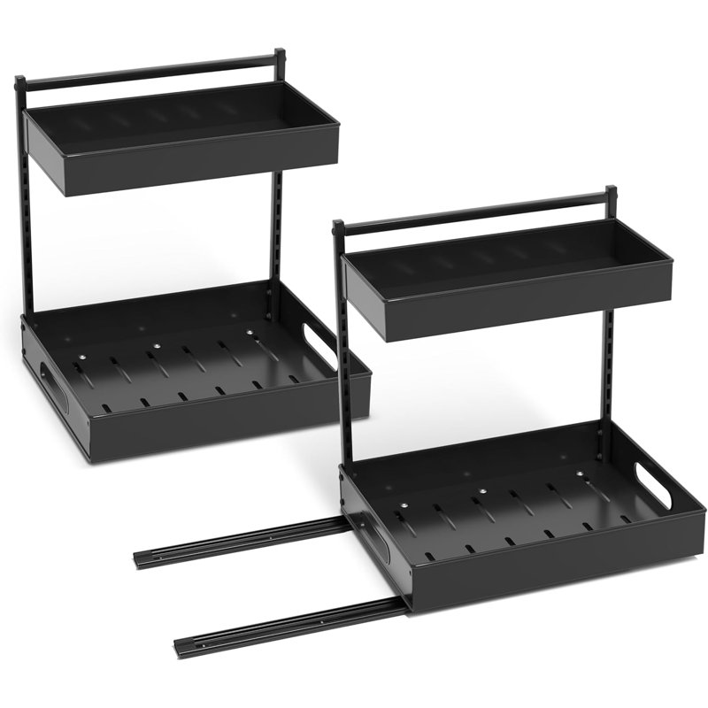 Organisateur à 2 niveaux sous l'évier avec rails coulissants - support de rangement coulissant sans perceuse pour la cuisine et la salle de bain - Tablette d'armoire en acier durable résistant à la rouille