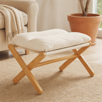 Repose-pieds pliable en bambou avec dessus rembourré, repose-pieds peu encombrant, siège en lin capitonné, structure en X