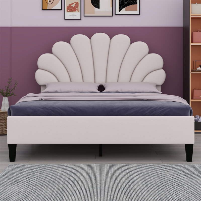 Neppur Platform Bed With Flower Pattern Headboard, Beige, Queen