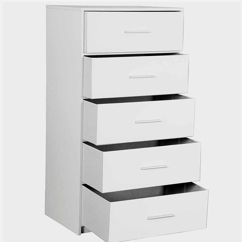 Commode 5 tiroirs avec grands tiroirs en tissu, blanc