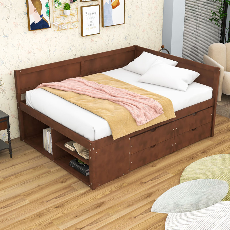 Wood Daybed with Pull-Out Drawers and Shelves, Full/Double, Walnut