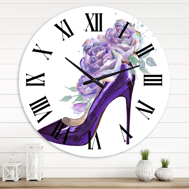 Chaussure stiletto mauve foncé avec des roses violettes roses - Horloge murale traditionnelle, Grand