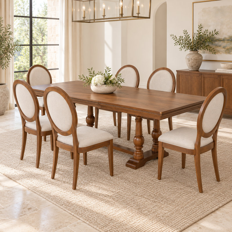 Ensemble de salle à manger extensible 7 pièces pour 6 personnes, comprenant une table en bois massif de 147 à 193 cm et 6 chaises ovales rembourrées, style campagnard, avec double piétement, couleur noyer.