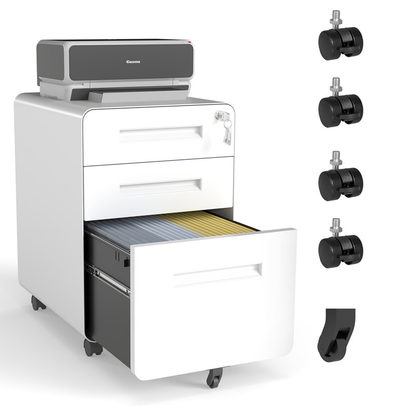 Large classeur mobile à 3 tiroirs avec serrure, armoire de rangement entièrement en métal sur roulettes
