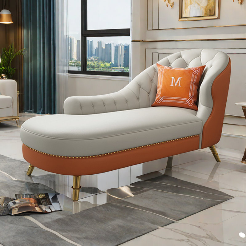 Chaise longue Kymesha, Similicuir beige / orange, Chaise longue à accoudoir droit
