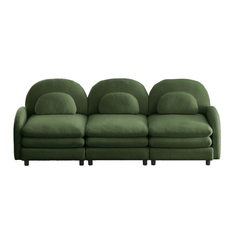Canapé Teddy en tissu doux à 3 places, dossier incurvé et accoudoirs avec coussins lombaires incurvés, canapé modulaire à 3 places avec coussin de soutien