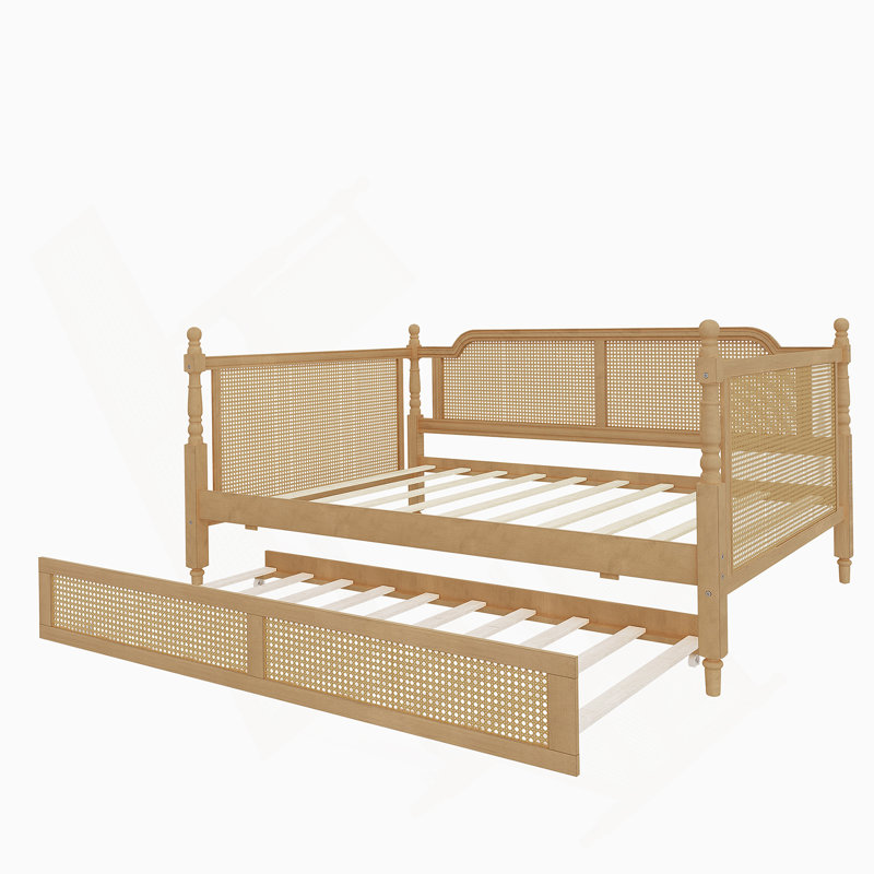 Lit de jour en rotin avec couchette, Complet/Double, Noyer