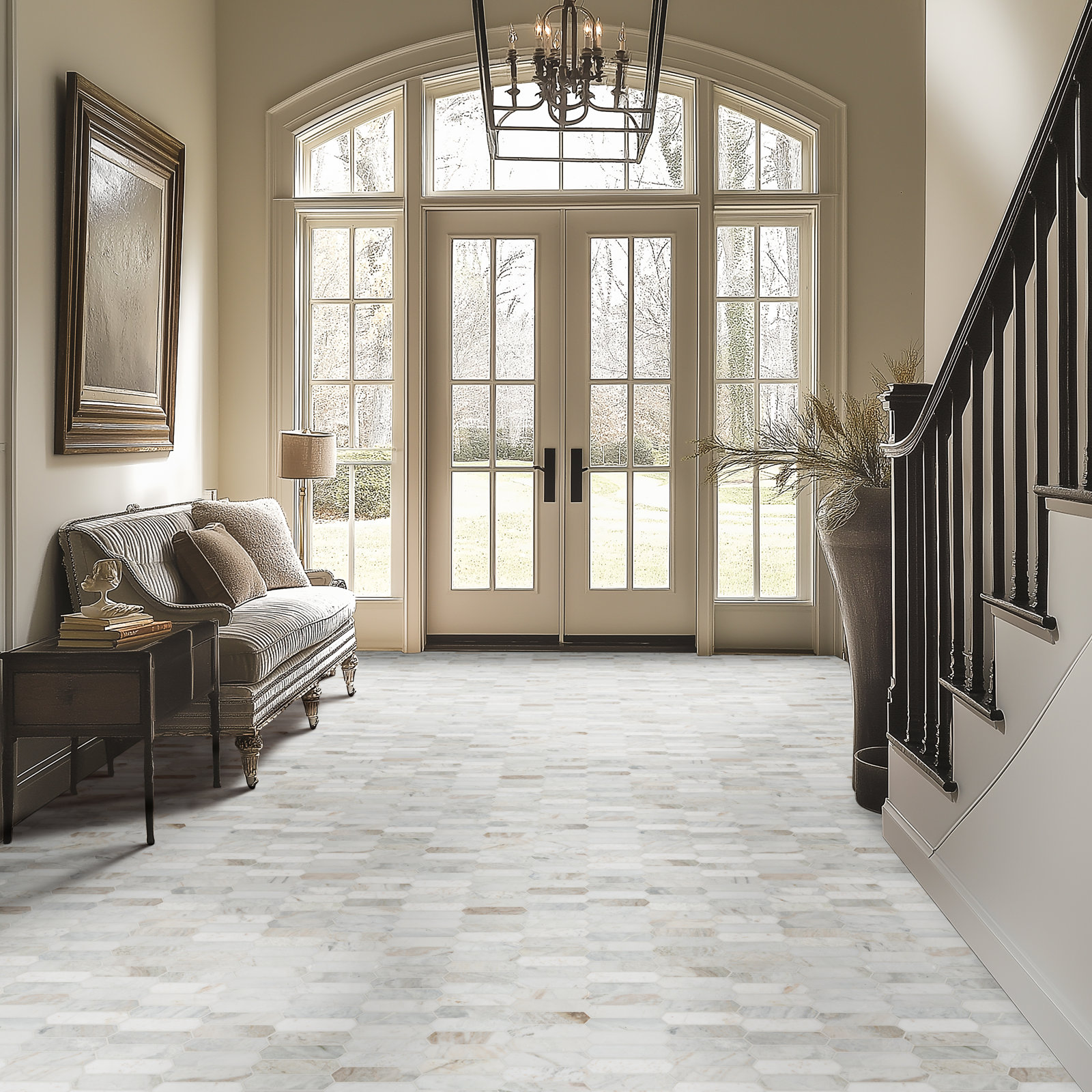 Castella de Blanc Spire 12 in. x 12 in. Honed Marble Mosaic Floor and Wall Tile, Arabescato Venato