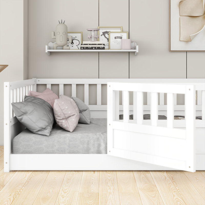 Lit de plancher, fabrication intégrale avec barrière de sécurité ultra haute, Lit simple, Blanc