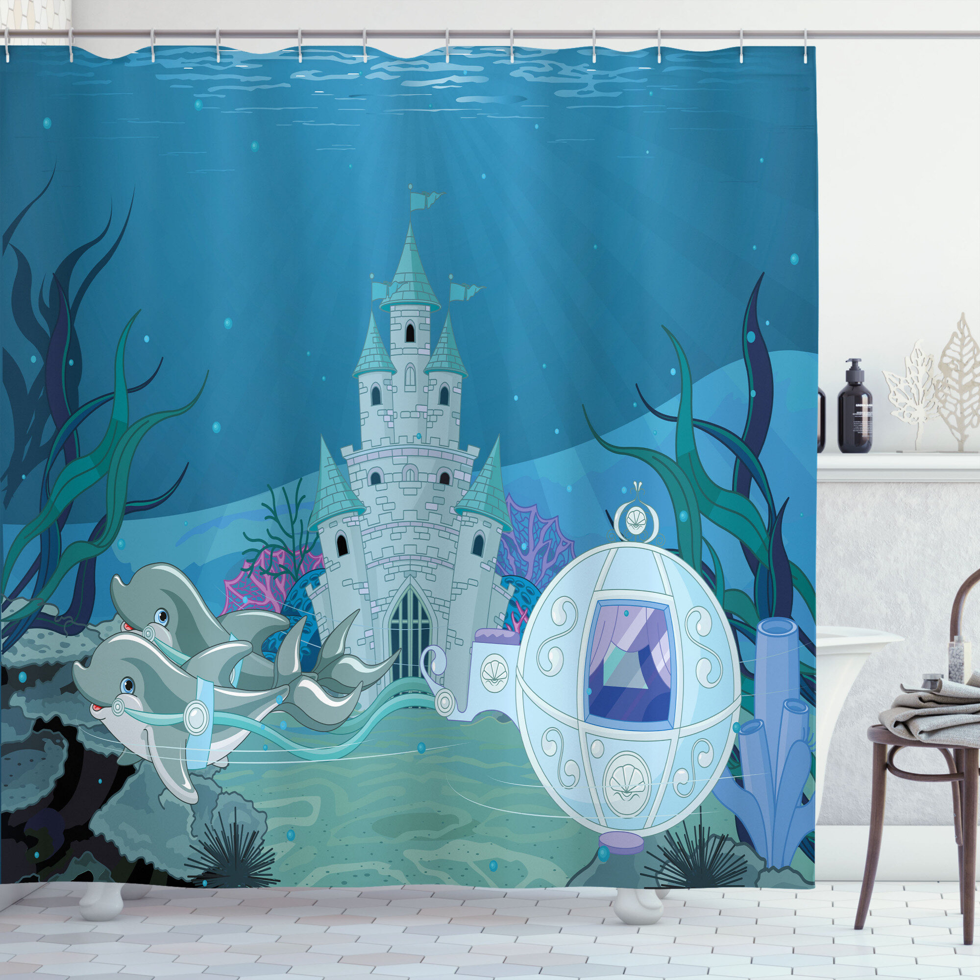 Lottie Whale in Wavy Ocean Shower Curtain + Hooks Zoomie Kids Size: 69 W x 75 L