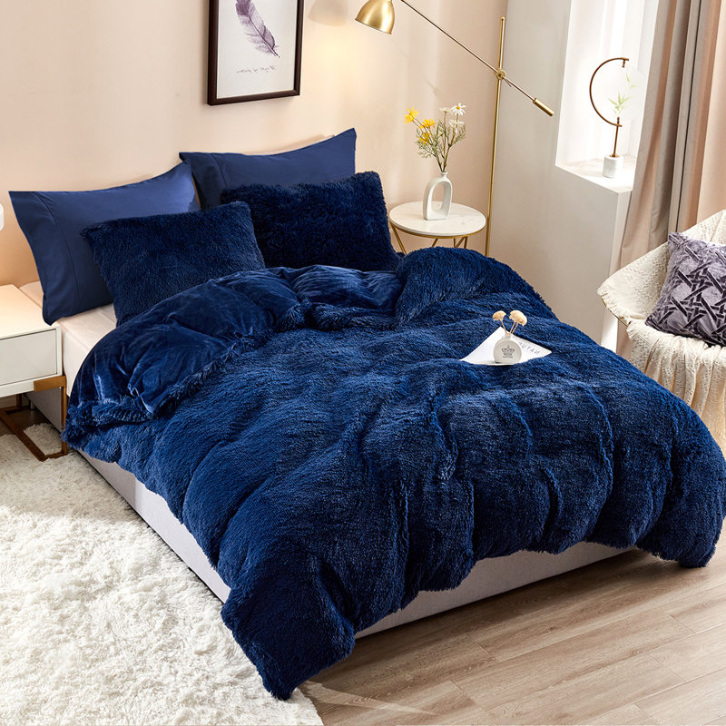 FFDC1217 Plush Shaggy Duvet Cover Set, Twin Duvet Cover + 2 Additional Pieces, Navy