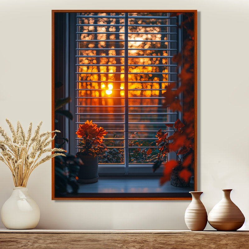 Window In The Forrest Sunrest - Art mural de fenêtre pour le salon, H 20 po x l 12 po, Impression encadrée flottante, Brun