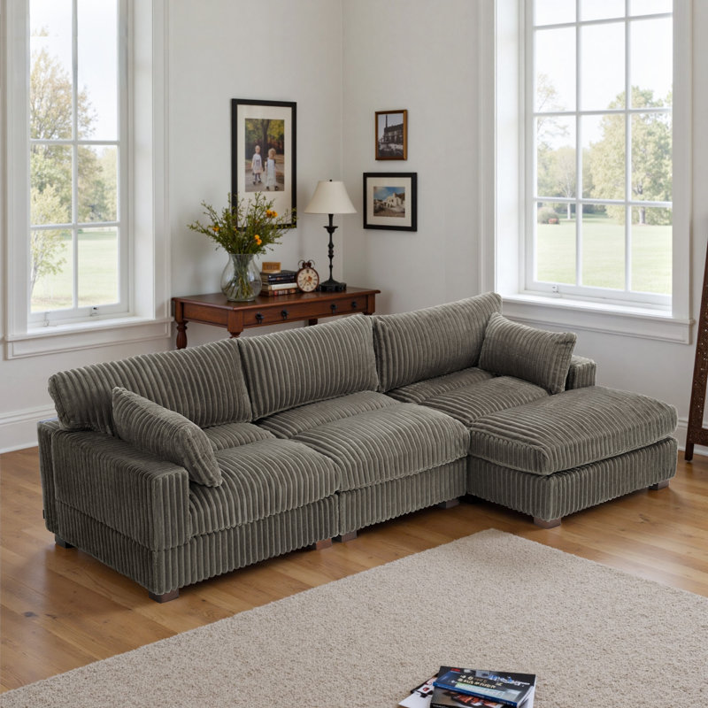 3 - Piece Upholstered Light Gray Faux Rabbit Fur Flannel Reversible Modular Sofa Living Room Sectional Couch with Pillows