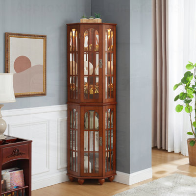 Corner Curio Cabinet with 4 Adjustable Tempered Glass Shelves and Lighting System, Solid Wood Legs, Acrylic Mirrored Back Panel
